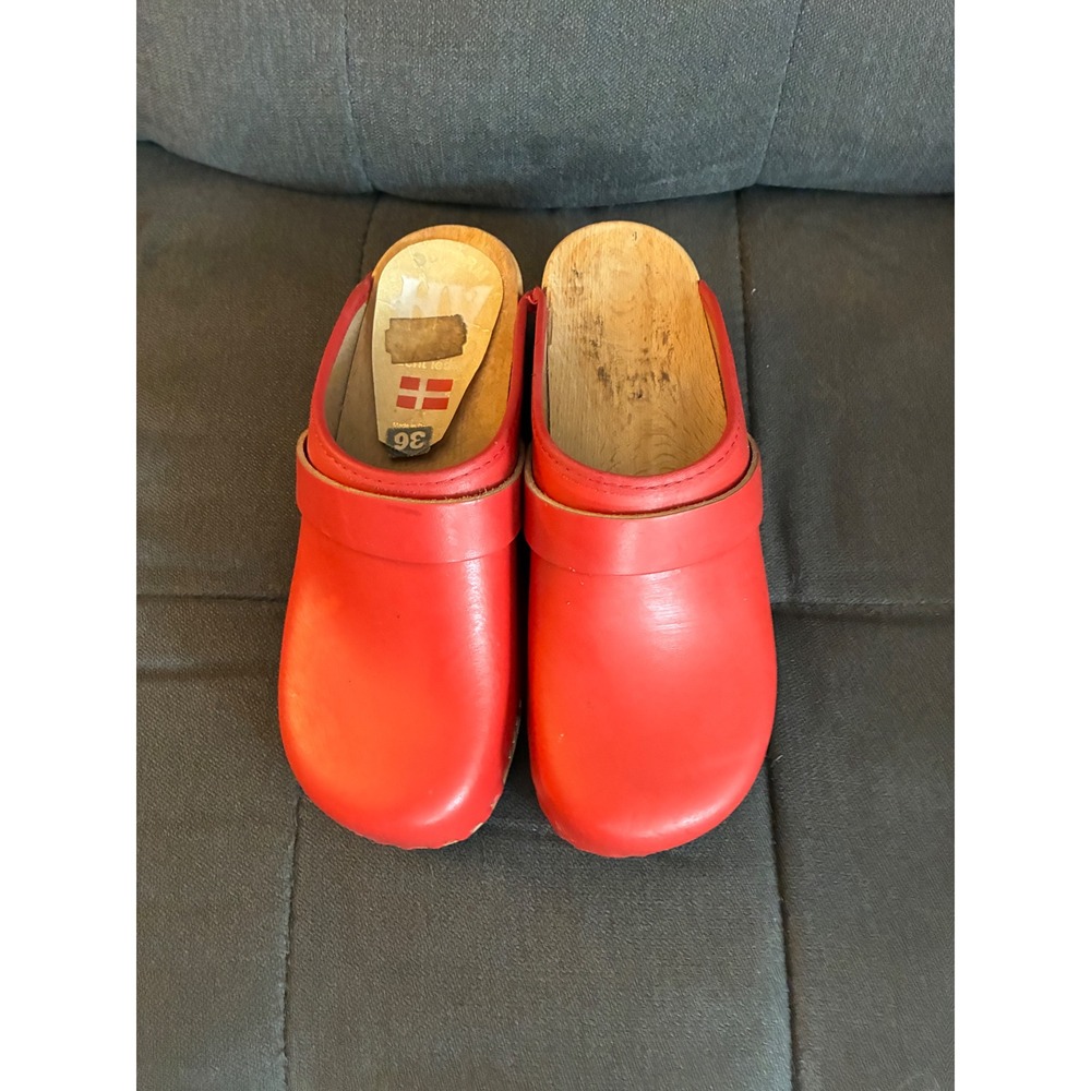 Fodform Clogs Women 36 Red Leather Wooden Sole Made in Denmark Slip On Mules